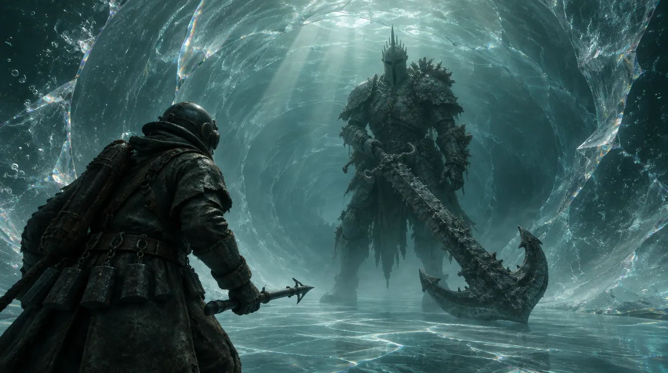 Kamera di belakang bahu seorang Sounder bermantel selam berpemberat dengan harpun, berhadapan dengan The Undertow Knight yang memegang pedang berbentuk lengan jangkar di lorong kaca Pressure Halls.